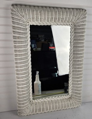 Coastal White Wicker Rattan Rectangular Wall Mirror 32'' x 21'' Beach House Decor