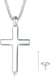 Authentic White Gold Plated Cremation Urn Cross Necklace for Ashes with 24" Chain