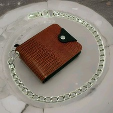 Biker Chain Wallet for Men Cowhide Leather Zip around Bi-fold Chain Wallet Brown