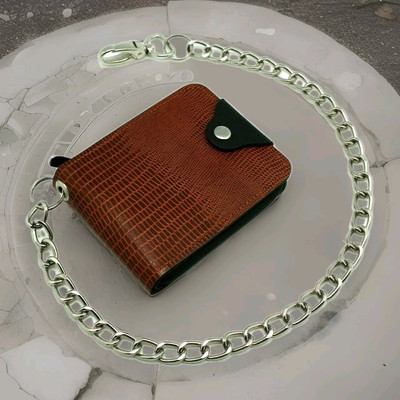 Biker Chain Wallet for Men Cowhide Leather Zip around Bi-fold Chain Wallet  Brown