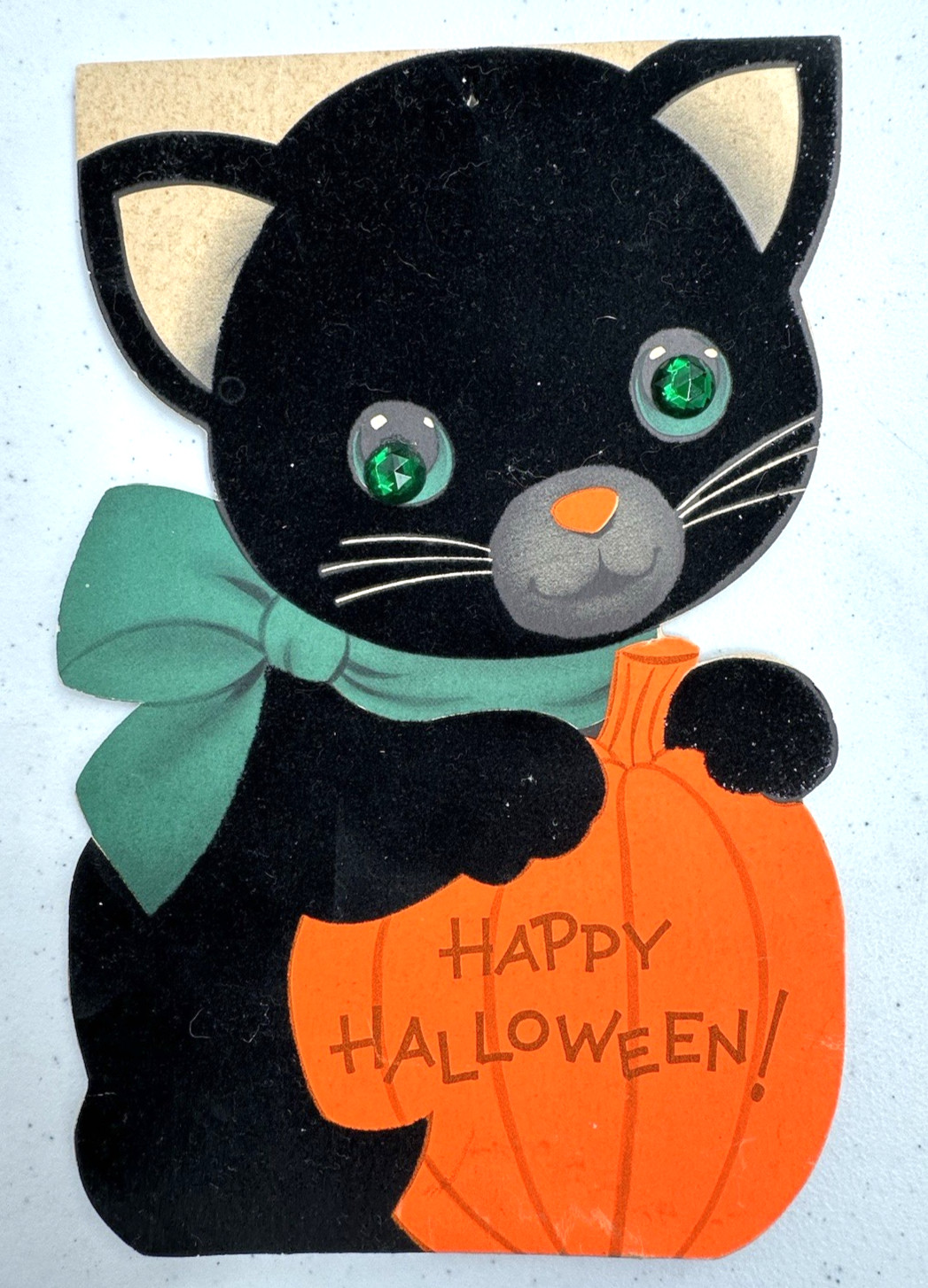 Norcross Happy Halloween Flocked Inky Black Cat Eyes Of Green Stand Up Card