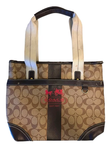 Borsa Coach Heritage Signature a righe marrone e marrone e rossa di design