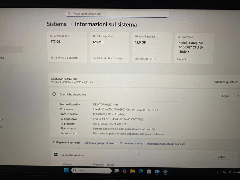 NOTEBOOK ASUS F515J INTEL CORE I7-1065G7 12GB RAM 512GB SSD WINDOWS 11 WEBCAM - Immagine 3 di 4