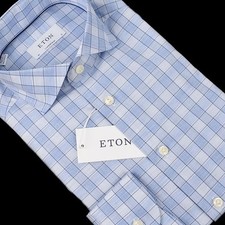 ETON Blue Melange Plaid CONTEMPORARY Long Sleeve Cotton Dress Shirt 16 NWT
