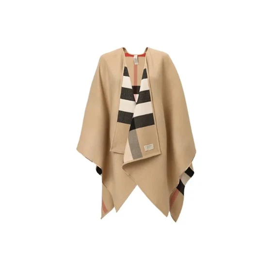 Poncho para mujer Burberry FW20 reversible a cuadros de lana caqui Foto 4 de 4