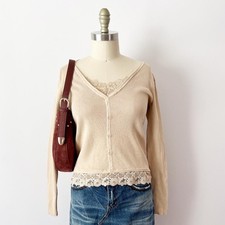SIZE M August Silk Cardigan-Look Beige Ribbed Lace Trim Silk Blend Button Top