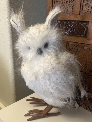 Large Horned Owl Realistic Figurine 16 inch Woodland Decor White Standing Bird
