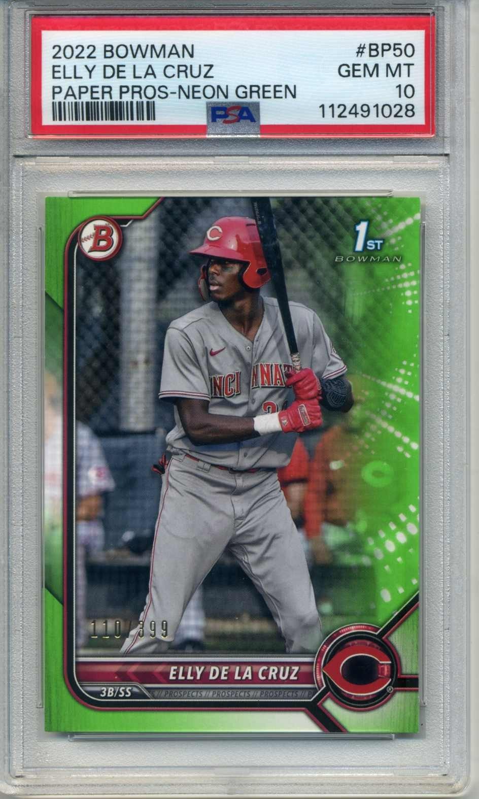 2022 Bowman #BP50 Elly De La Cruz Paper Pros-Neon Green #'d 110/399 RC PSA 10