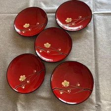 Red Lacquerware Plum Blossom Decoration Set of 5, Red & Black,  but Unused