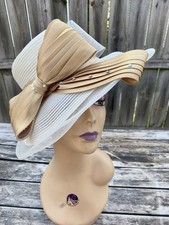 Vintage Mr Hi s Classic Cream W/ Bow Derby Wedding Church Straw Hat Rhinestone