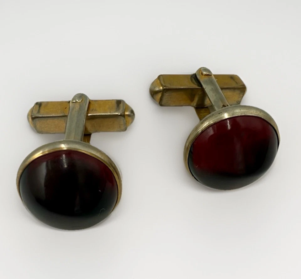 Vtg Swank USA Gold Tone Cufflinks Ruby Red Cabochon Mid-Century - Image 4 of 4
