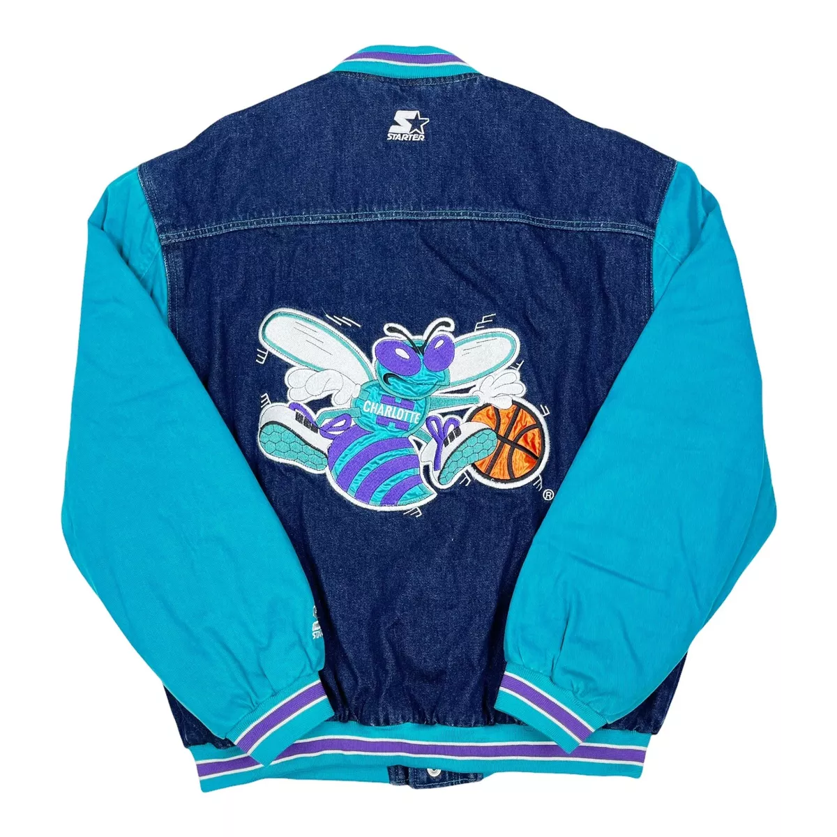 Vtg Rare NBA Charlotte Hornets Starter Denim Varsity Jacket. Mens Medium