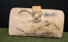 Vintage Small Hand Painted Leather Coin Purse wallet Landscape Mountain Village