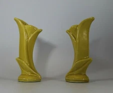 Set of 2 Small Yellow Mid Century Ceramic Bud Vases USA 5" Tall Pair Flower 1125