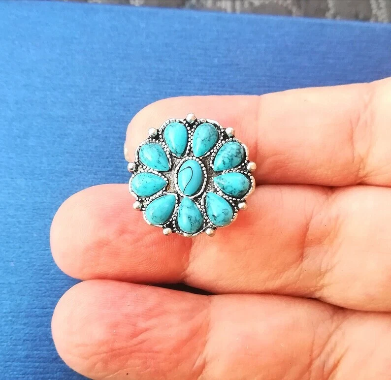 ANELLO FIORE TURCHESE NATURALE E ARGENTO TIBETANO 300 ANELLO STILE FLOREALE BALI - Immagine 2 di 4