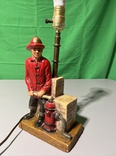 Vintage Fd Hydrant Fireman Lamp Chalkware Firefighter  1950s Working