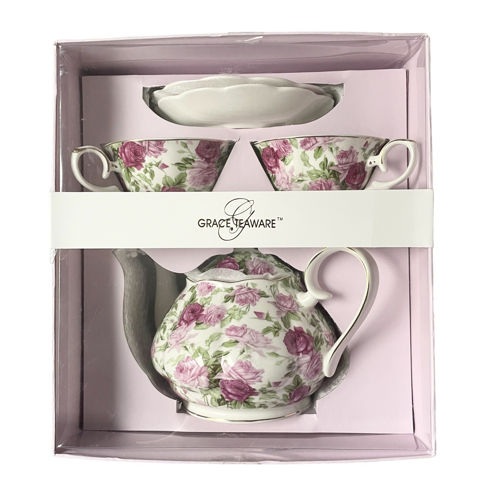 Grace Teaware Pink Roses Fine Porcelain 6 -Piece Tea Set Gift Boxed NEW