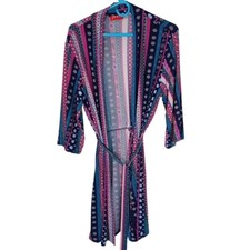 Josie Natori Womens M Pink Blue Floral Printed Long Sleeves Belted Wrap Robe