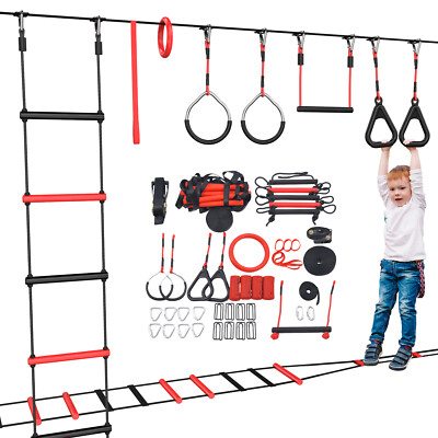 50ft Obstacle Warrior Course for Kids Slackline Monkey Bars w/ Suspension Bridge