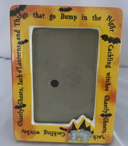 Halloween Picture Frame Bats Castle Spooky Words Ceramic 3.5” X 5” Orange Yellow