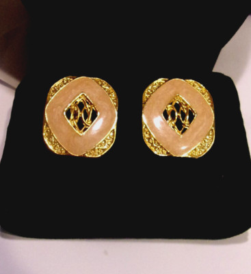 Vtg By Duri Pink Guilloche Enamel,Plated Gold Tone Metal,1'' L Clip  On Earrings