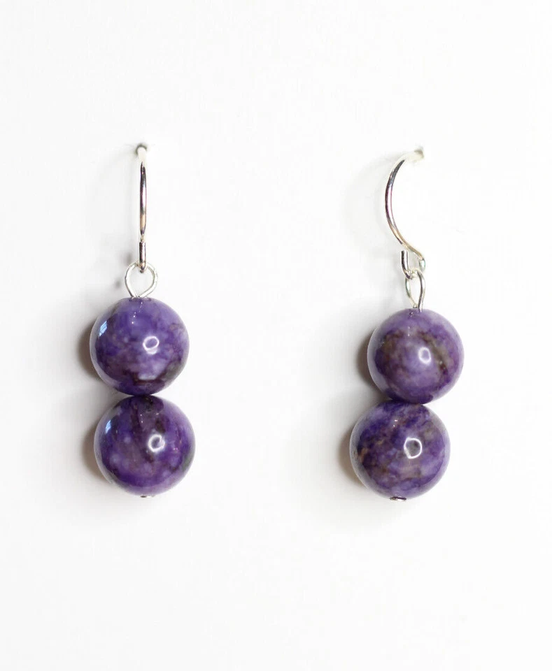 Sugilite Purple 8mm Ball Natural Gemstone 925 Sterling Silver Earrings 1" Foto 4 de 4