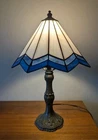 Vtg Tiffa-Mini Tiffany Small  Lamp Stained Glass Blue White Arts Crafts Flaw
