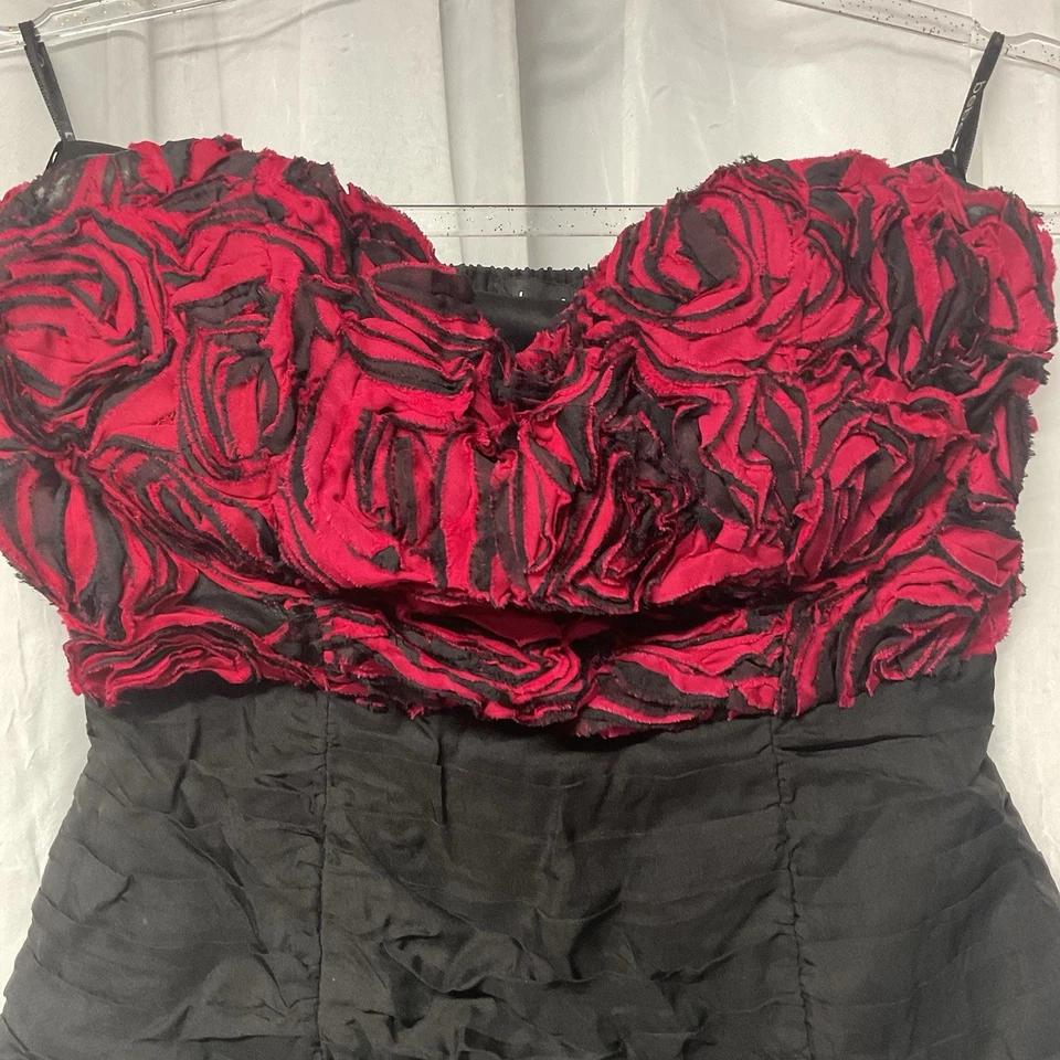 VTG Y2K bebe red black ruffled rose corset strapless Silk Whimsigoth tube Top S - Image 2 of 4