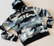 Nike Men  s M Club Fleece Pullover Hoodie Blue Black Camo Sweatshirt Drawstring