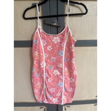 Pink Orange Psychedelic Hibiscus Floral Mini Dress Spaghetti Strap Piping S