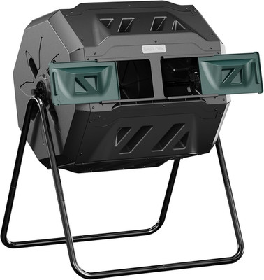 Compost Tumbler Outdoor, 43-Gal Dual Chamber Compost Bin with 2 Sliding Door and