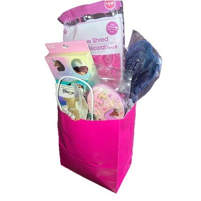 Girls Gift Bag Basket Curly Straight Hair Bow Scunci Clips Brush Satin Cap B-day