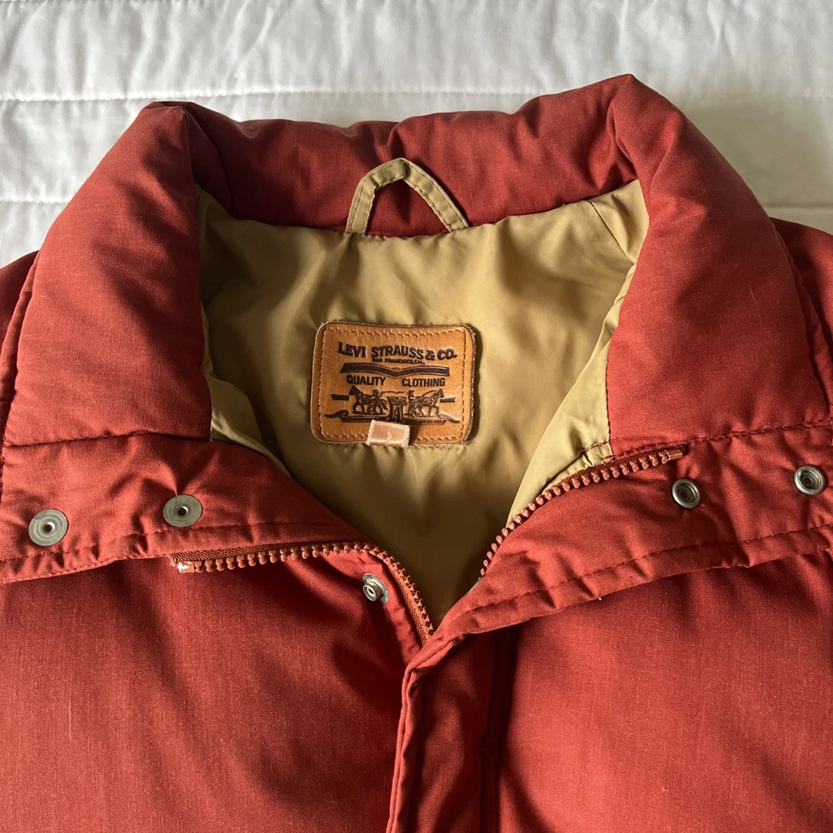 Vintage Levis Down Puffer Jacket Mens XL Rust Zip Snap ‘70s EUC