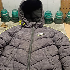 Nike Boys Hooded Puffer Jacket Gray/Yellow Full Zip Pockets Size L