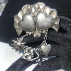 Vintage Silver Tone Double Heart Chatelaine Brooch with Sun Mask Key Charms
