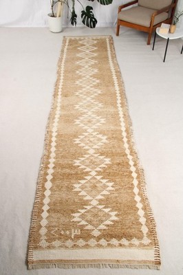 Turkish Rug, Runner 2,8x12,9 ft Vintage Rug, Brown White Abstract Wool Rug