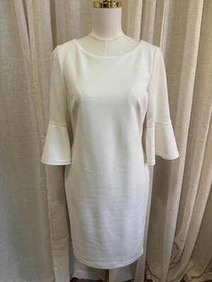 Calvin Klein White Bell Sleeve Sheath Dress Size 8 Gold Zip Back Career  Cocktail | eBay