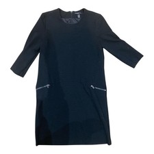 Mango Minimalist Black Straight Cut Classic Dress XS Above Knees 3/4 Sleeves Zip