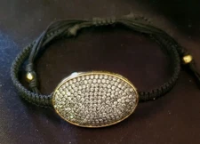 TAI Vtg Bracelet, Woven Black Adjustable Cord, Oval Pave' Crystal Disk, Goldtone