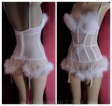 2pc Vintage VICTORIA'S SECRET Angel BABYDOLL Slip BRA Marabou CORSET Stockings