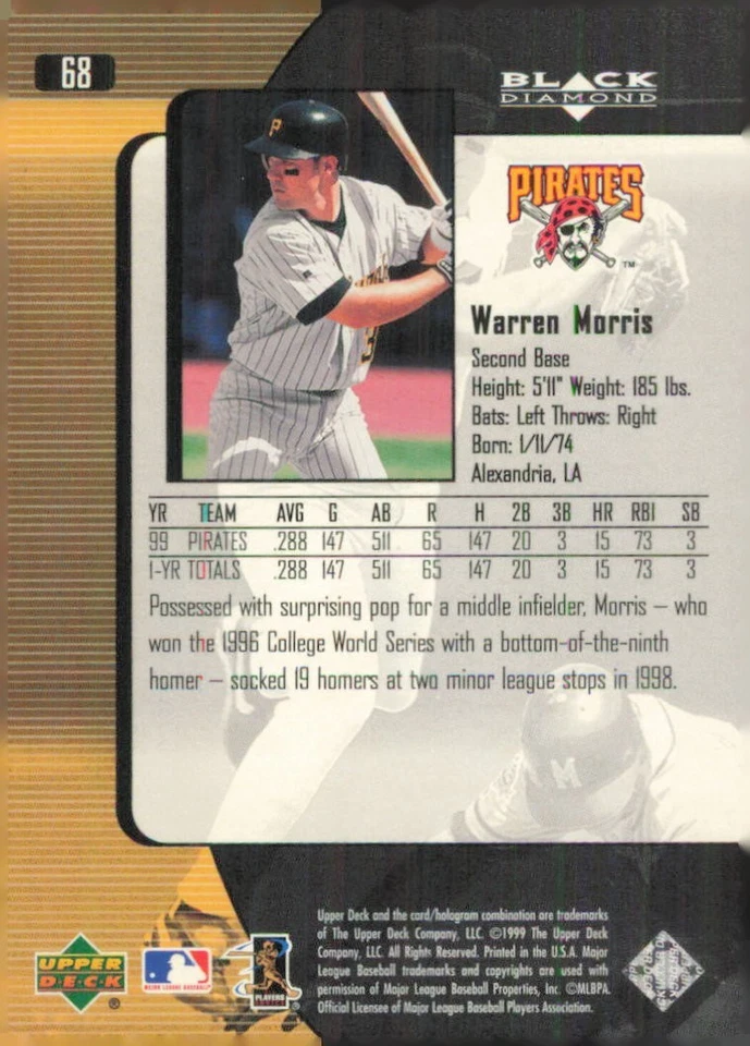 2000 Upper Deck Black Diamond #68 Warren Morris Pittsburgh Pirates Baseball Card - Image 2 of 2