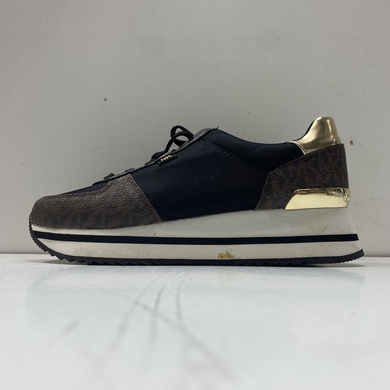 Michael Kors Women L5211 Black Brown Gold Textile Synthetic Lace Sneakers Size 7