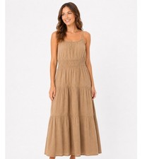Old Navy Women Tan Cotton Gauze Tiered Smocked Cami Midi Dress XL Pockets