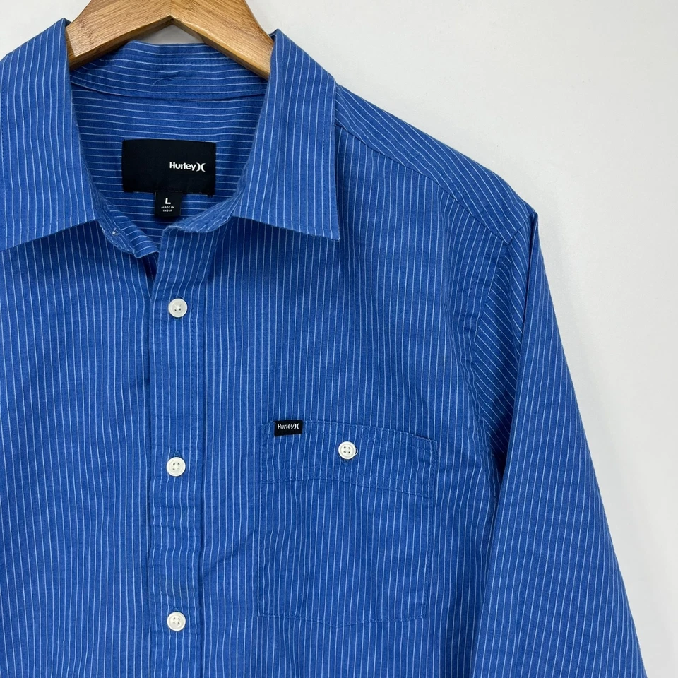 Camisa Hurley Manga Larga Botón Para Hombre Talla L Azul Rayas Bolsillo Algodón Surf Foto 4 de 4