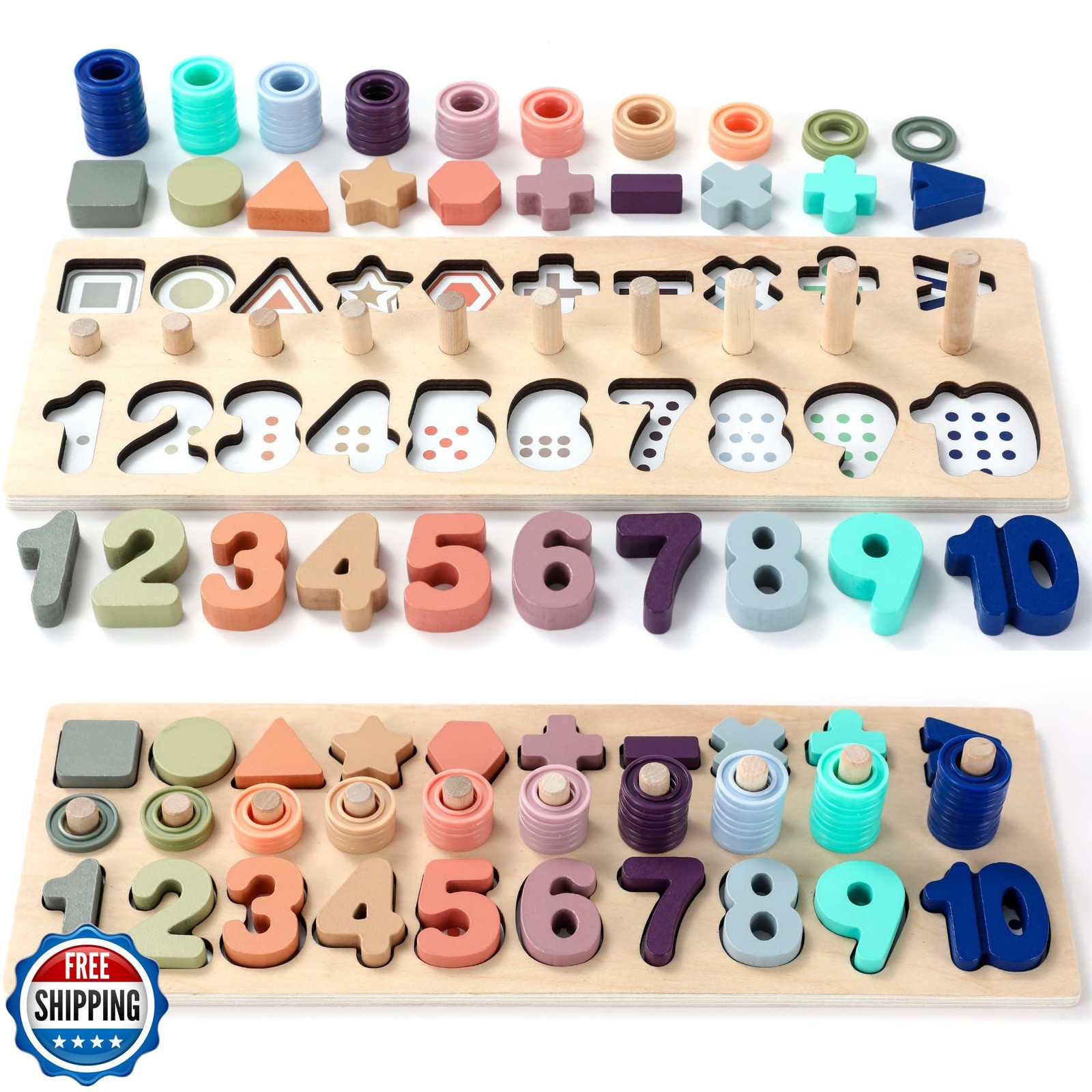 BEKILOLE Wooden Montessori Math Toy for Kids - Number Puzzle Counting Shape Sorter Learning Game