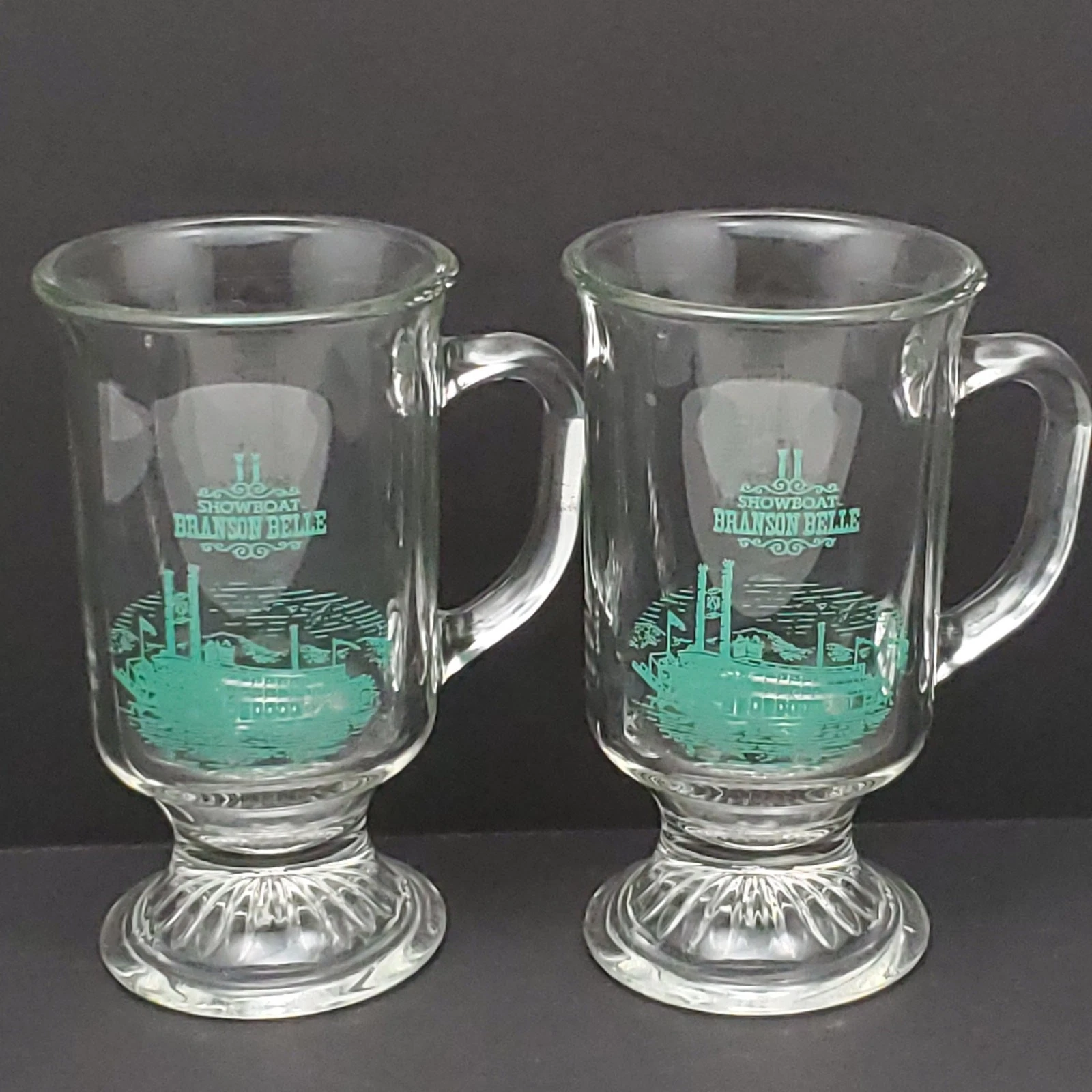 2 Anchor Hocking Showboat Branson Belle Footed Irish Coffee Mug Steamboat 5 1 4"