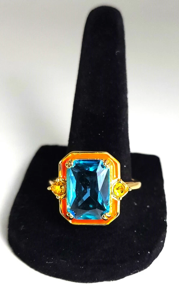 Baws Art Deco Estilo Vintage Dorado Grande Cuadrado Topacio Azul Esmalte Marco Naranja Foto 4 de 4