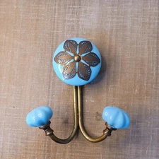 Double Wall Hook Blue Ceramic Knobs Flower Emblem Metal