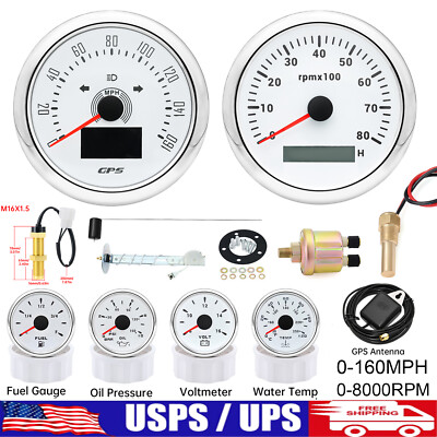 6 Gauge Set 85mm GPS Speedometer 160MPH Tacho 8000RPM&52mm Fuel/Temp/Oil/Volt US