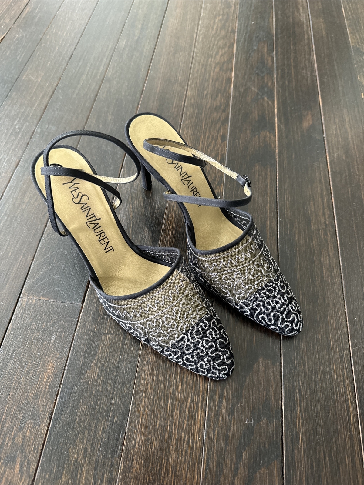 Yves Saint Laurent YSL argento nero alla caviglia avvolti tacchi alti taglia 5